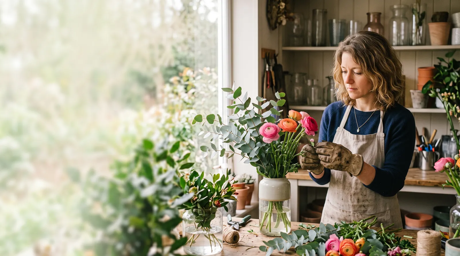 A florist arranging flowers in her studio