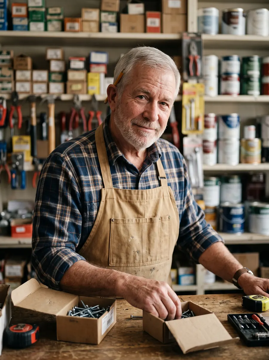 A hardware store owner at the counter