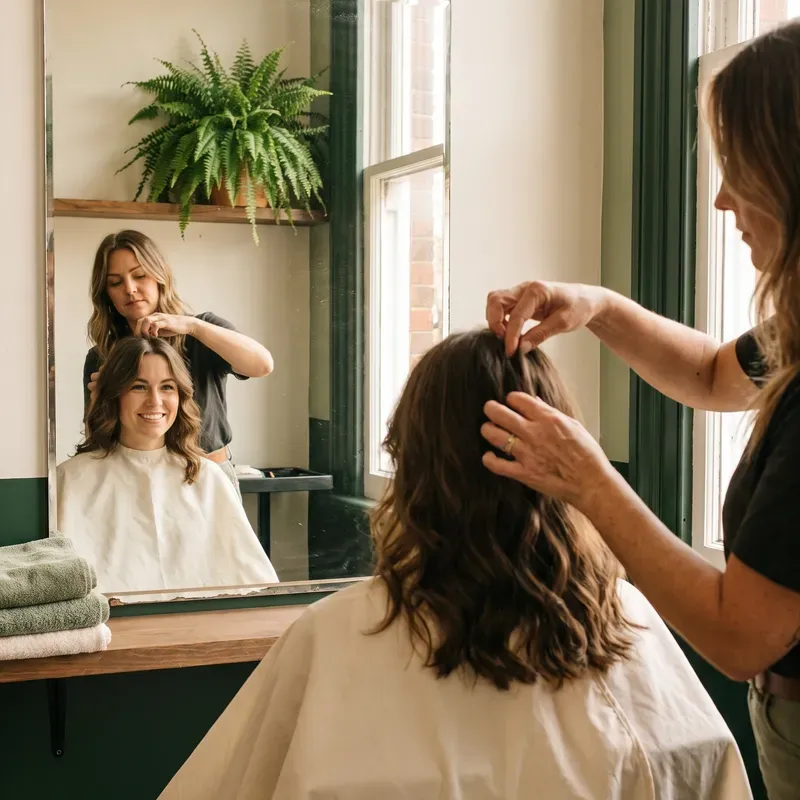 A stylist finishing soft waves on a smiling client, seen in the salon mirror with a fern on the shelf.