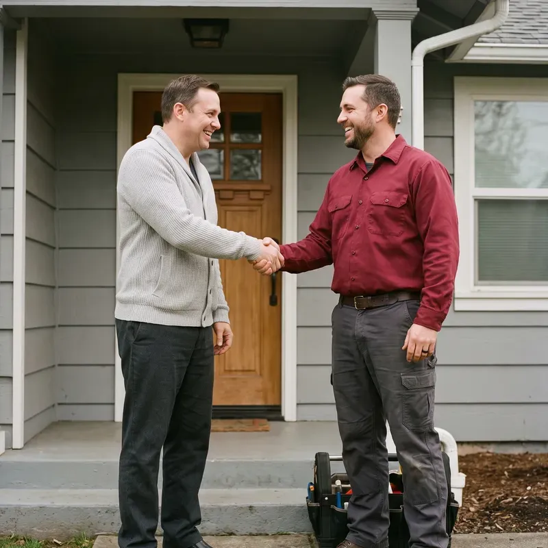 A plumber in a red work shirt shaking hands with a smiling homeowner at the front door after the job.