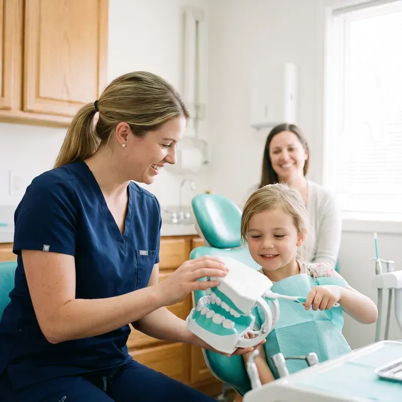 A hygienist in navy scrubs showing a young girl how to brush on a large model of teeth while her mother smiles.