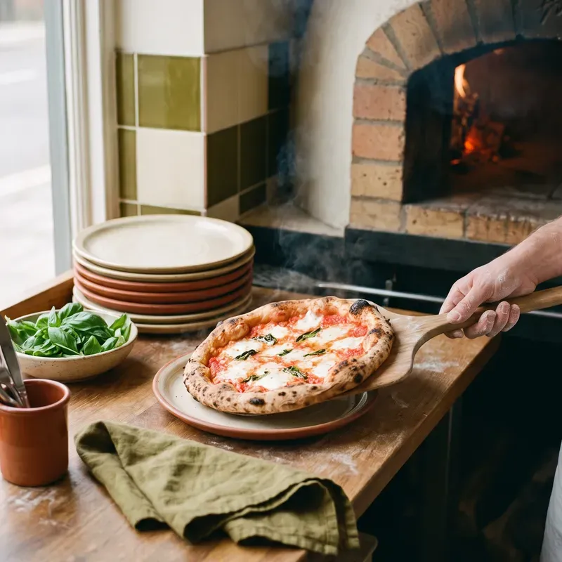 A wood-fired margherita on a plate beside a pizza peel on a wooden counter, a brick oven glowing behind it.